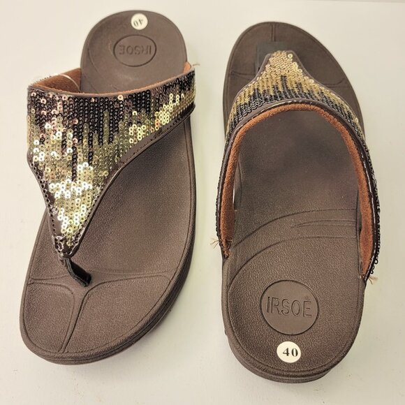 BROWN Sparkly Size 9 Summer Beach Wedge Sandals Bling Crystal Comfy Flip Flops - Picture 1 of 11